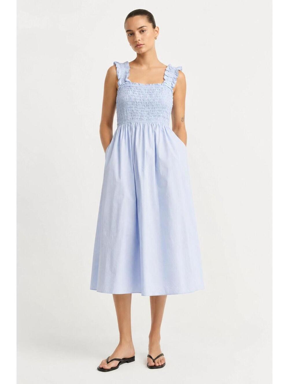 Love, Bonito Periwinkle Blue Smocked Midi Dress Ruffle Straps Cotton L NWT